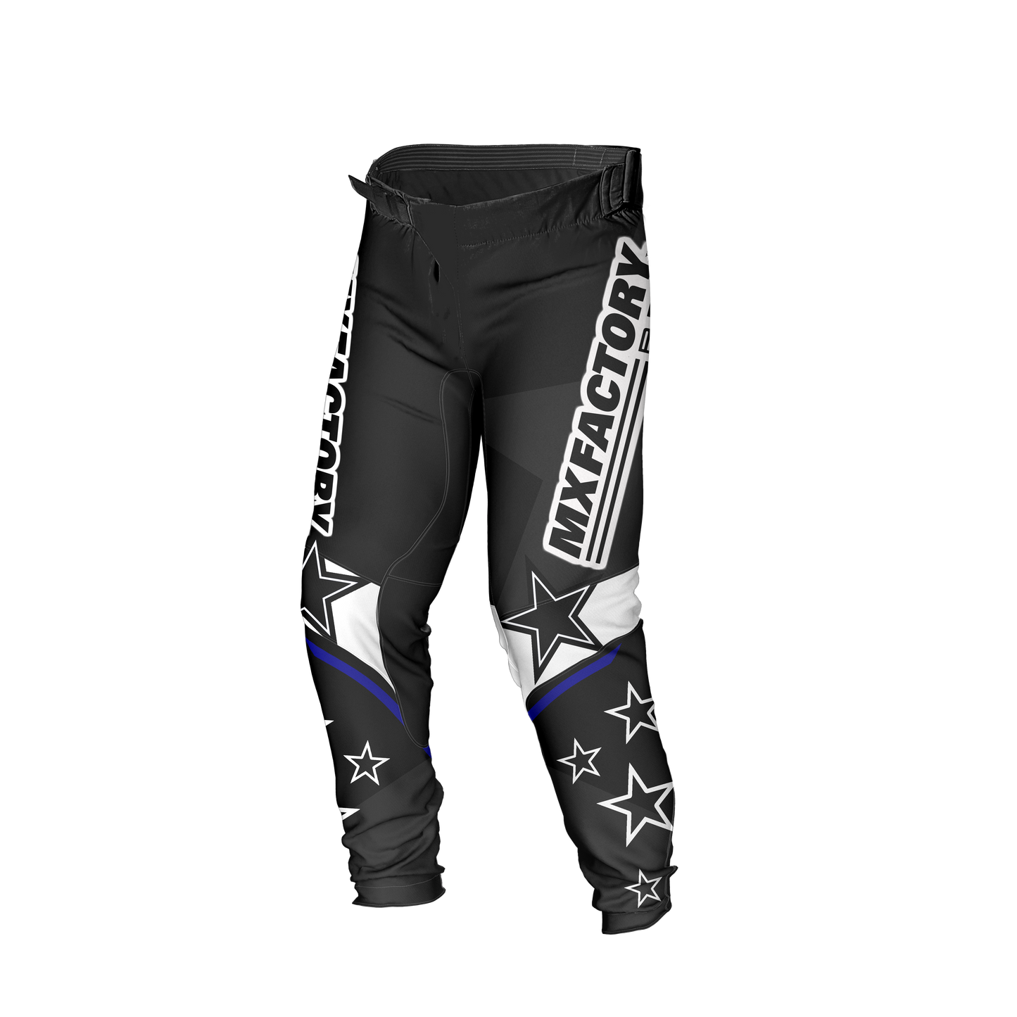 Black motocross pants with star patterns and 'MX Factory' branding on a white background