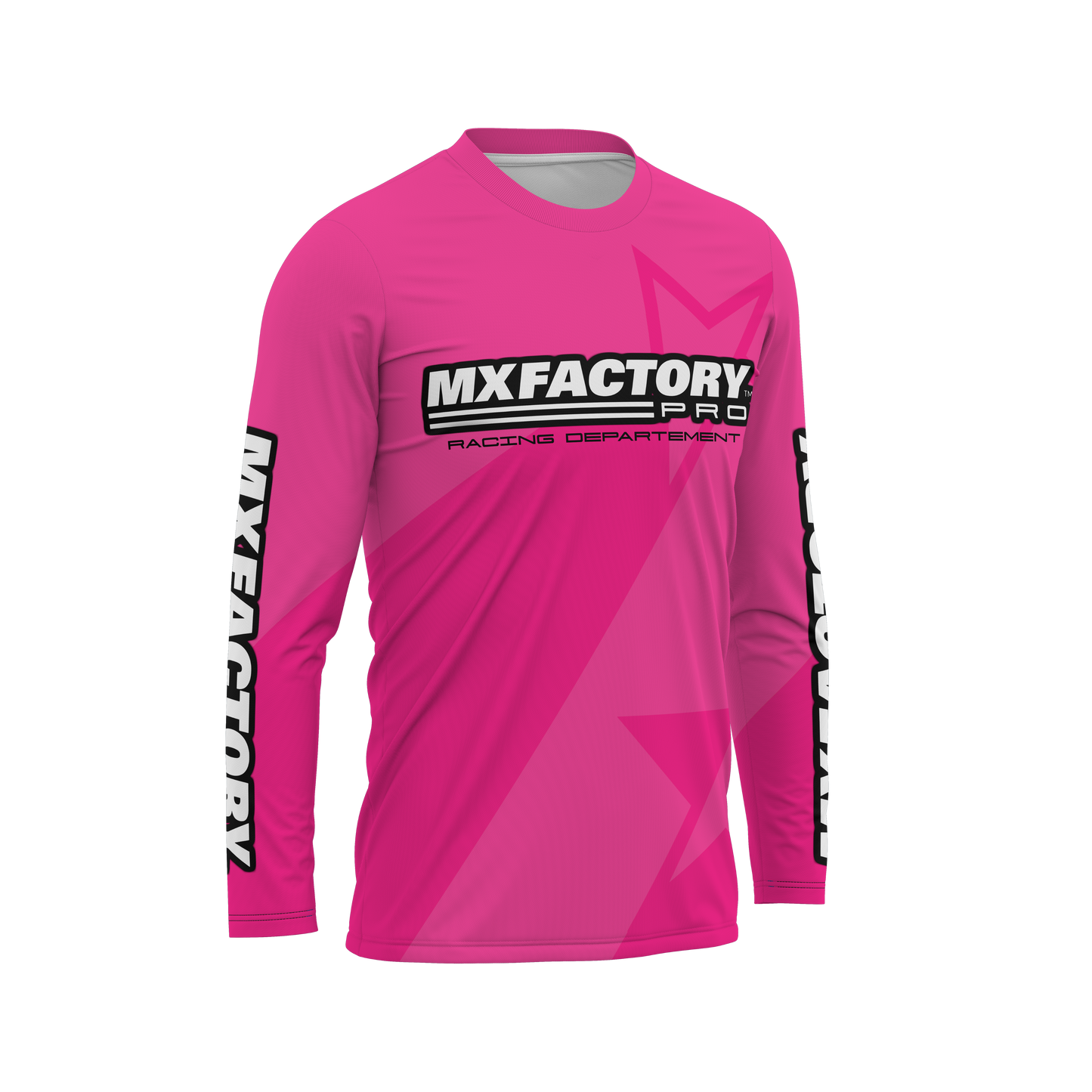 Pink long-sleeve shirt with 'MX Factory Pro' branding on a white background