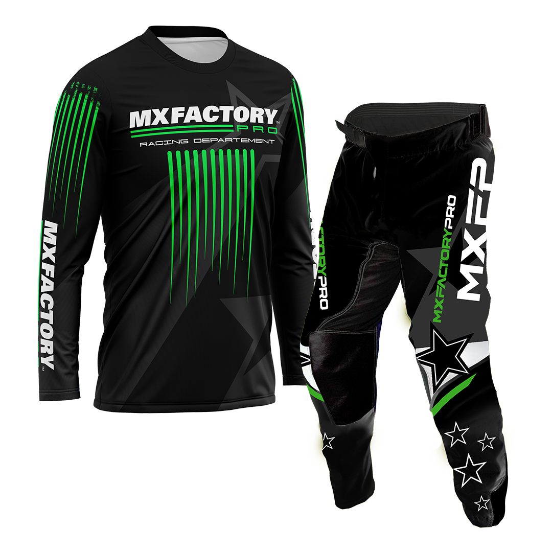 A set of MX Factory Pro motocross gear, including a black jersey with green and black accents and motocross pants with a similar color scheme. Both items are decorated with the MX Factory Pro brand and motocross-themed graphics.