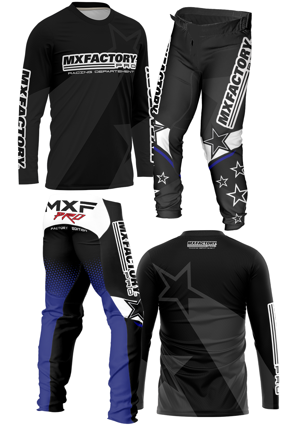 MXFactory motocross gear set including shirt, pants, and jacket on a white background