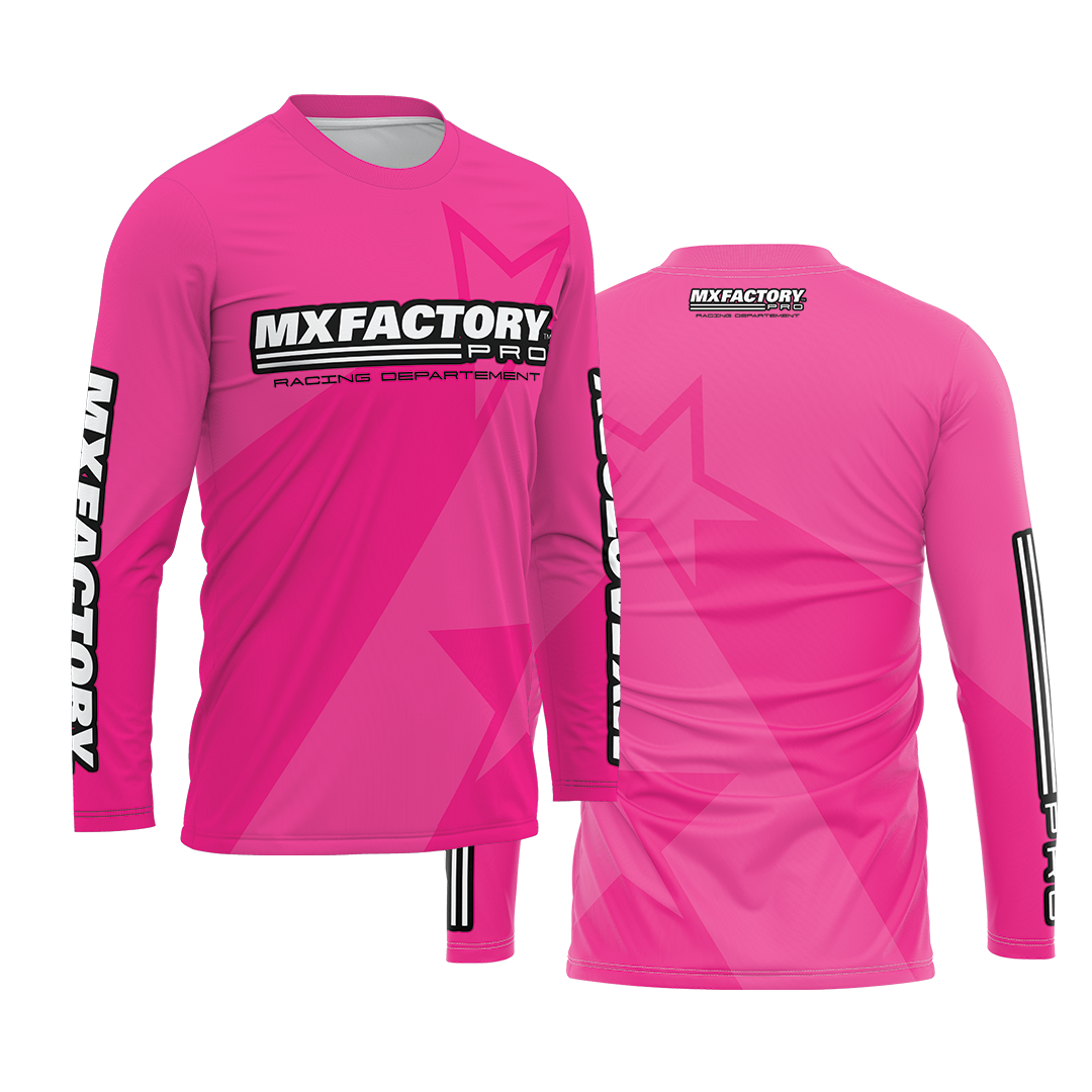 Pink long-sleeve shirt with MX Factory branding on a white background