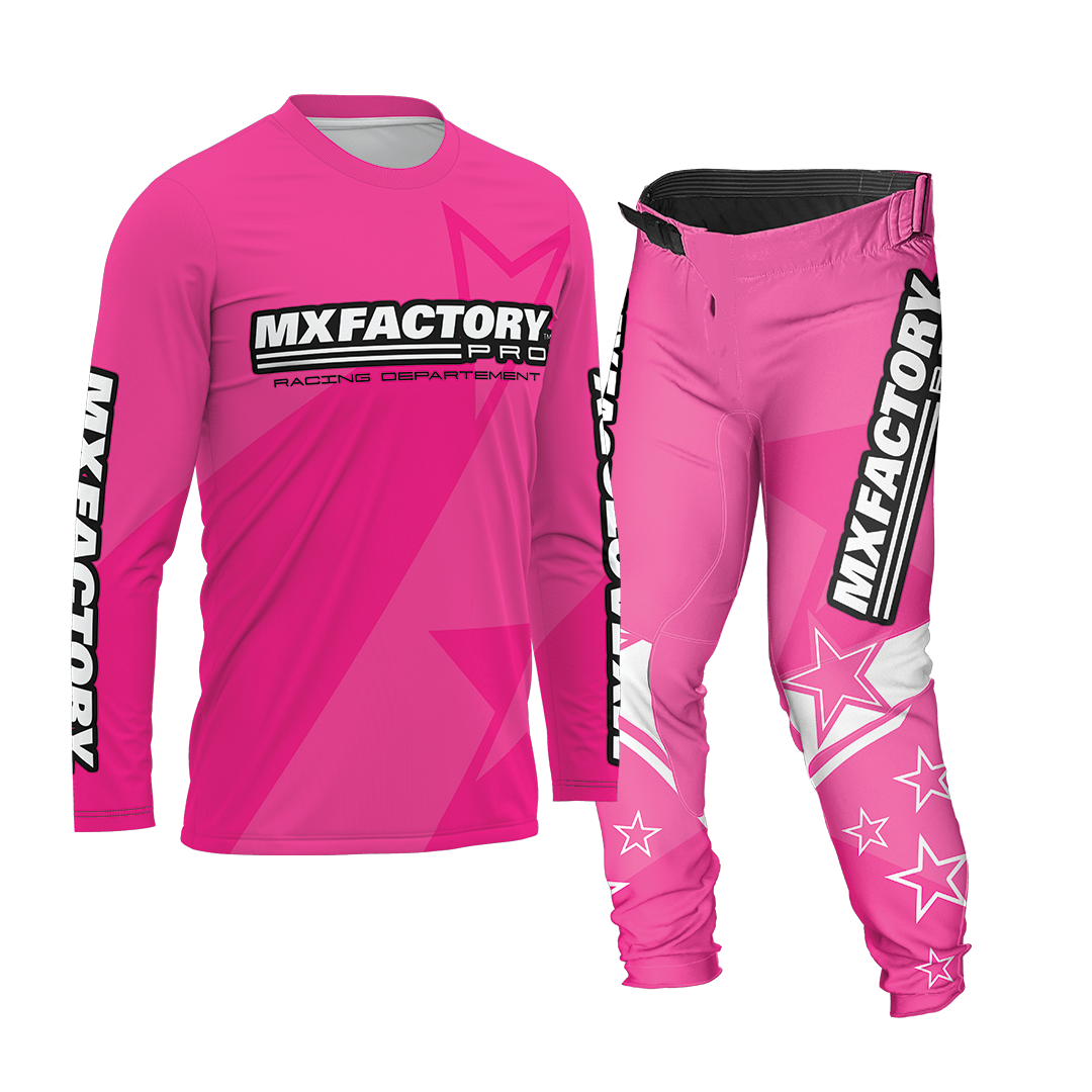 Pink motocross outfit with 'MX Factory' branding on a white background