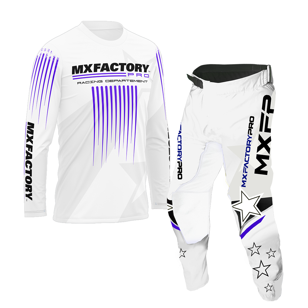 A set of white motocross gear including pants and a jersey with MX Factory Pro branding and additional logos and text.