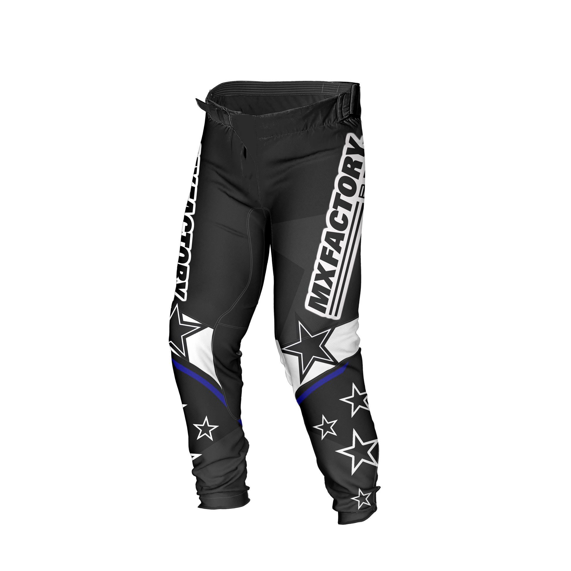 Black motocross pants with star patterns and 'MX Factory' branding on a white background