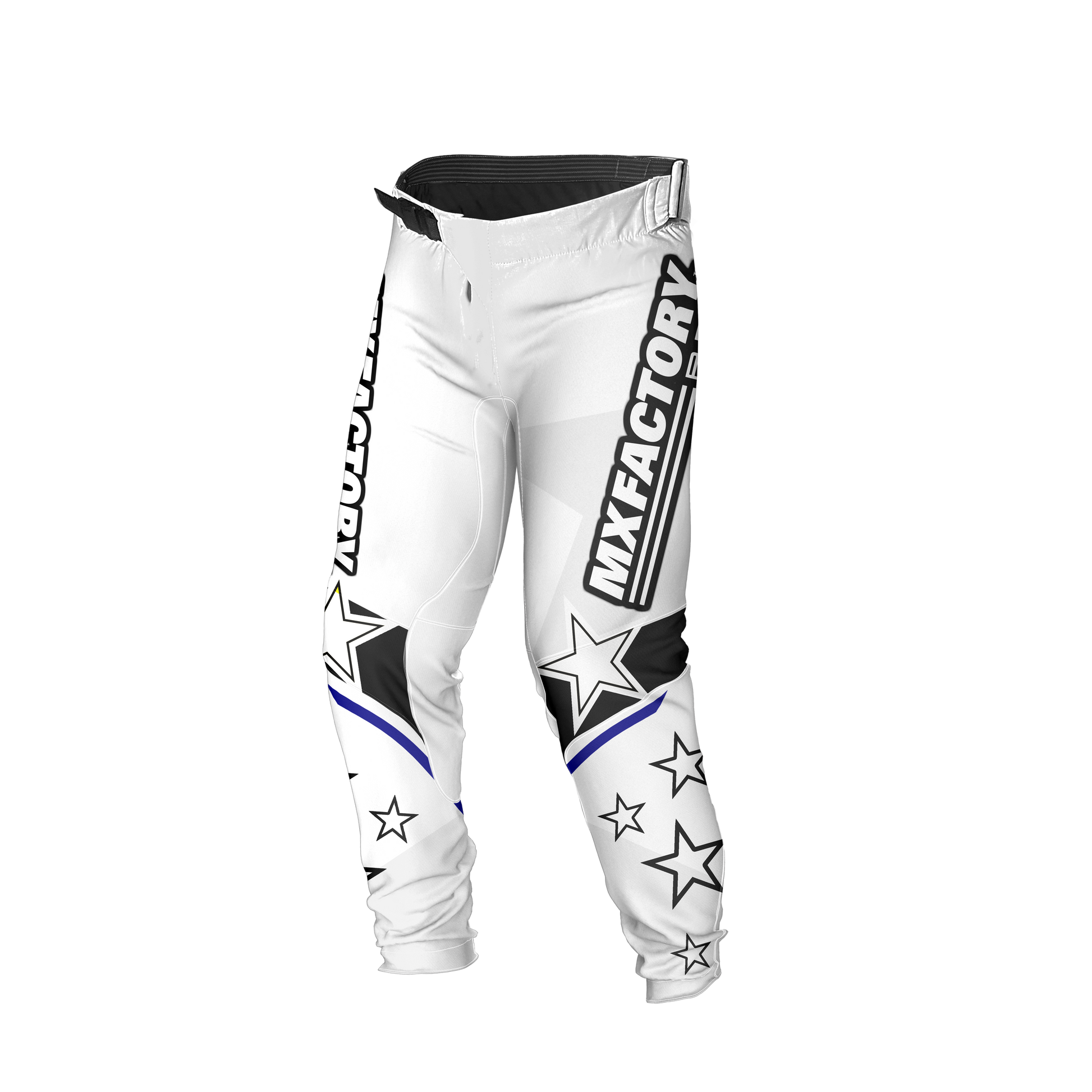 White motocross pants with star and stripe design on a white background
