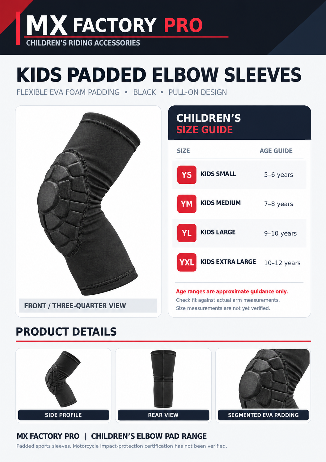 Kids Padded Elbow Pads (Pair) – EVA Foam Cycling & BMX | MX Factory Pro Kids Padded Elbow Sleeves