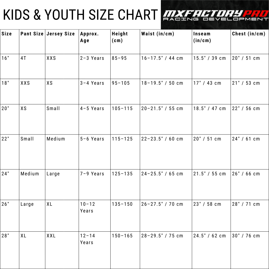 MX Factory Pro: Premium E-Bike & MX Gear. Sizes 3+ Toddler to Adult 42" Waist Pants