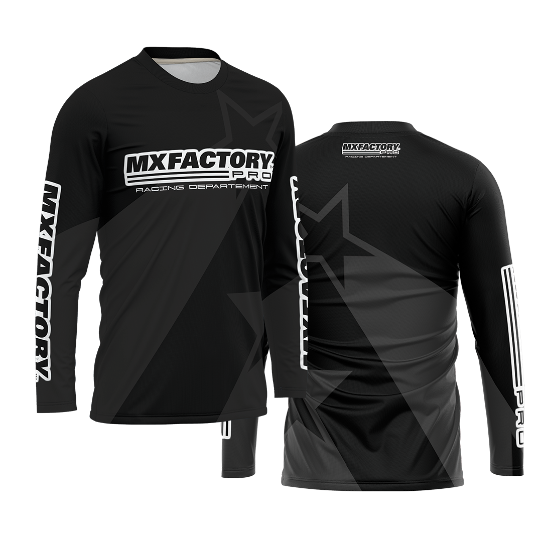 Black long-sleeve shirt with MX Factory branding on a white background