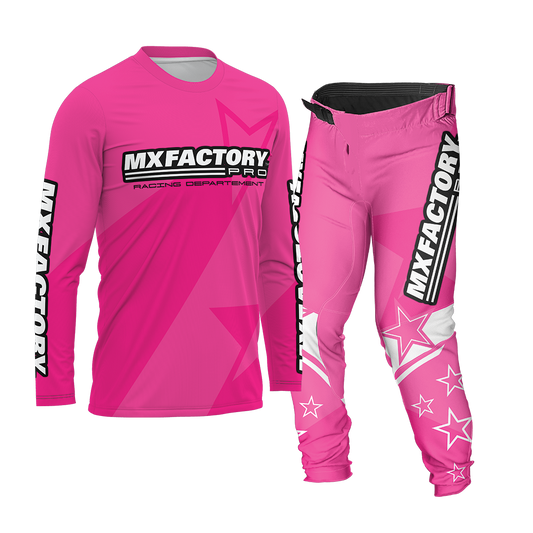 Pink motocross outfit with 'MX Factory' branding on a white background