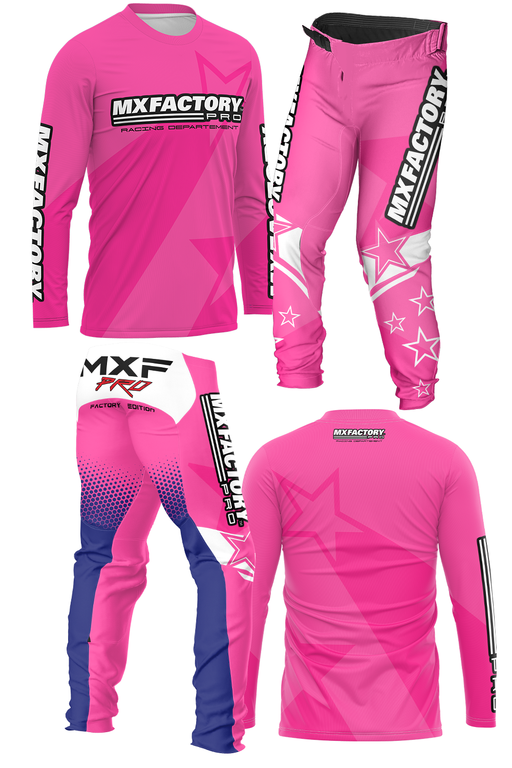 Pink motocross gear set with 'MXFactory' branding on a white background
